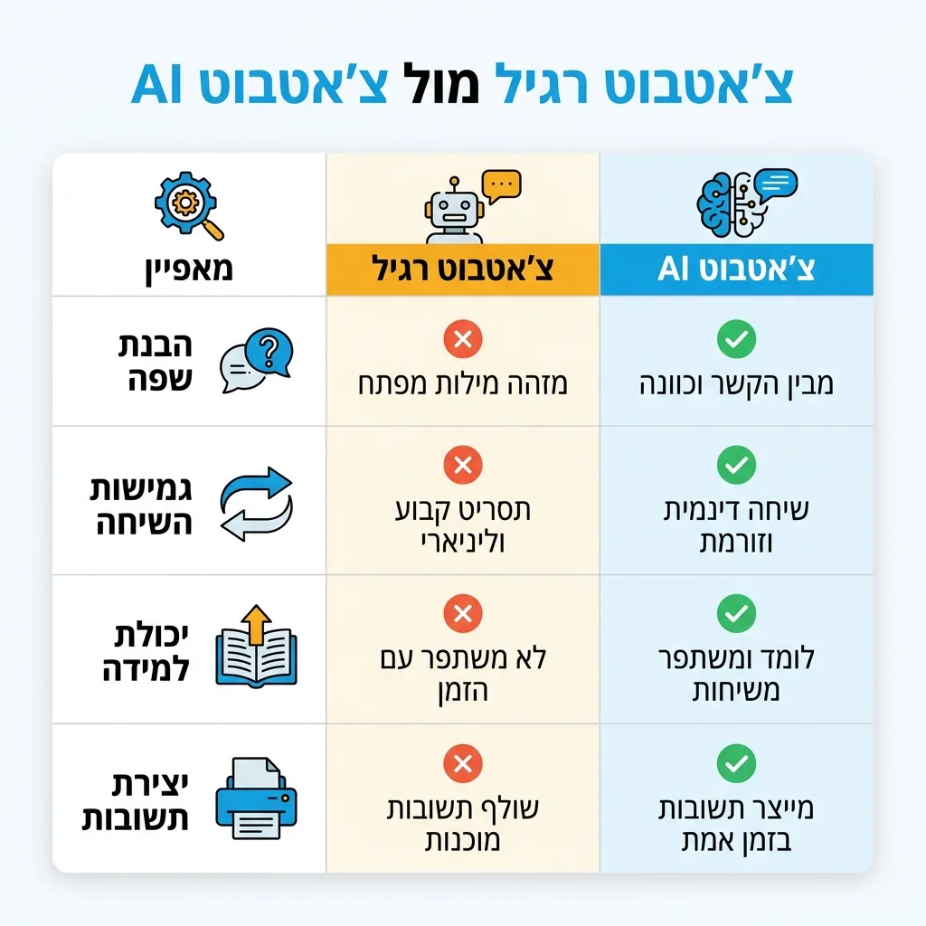 אינפוגרפיקה — צ'אטבוט רגיל מול צ'אטבוט AI: השוואה בין צ'אטבוט רגיל, צ'אטבוט AI