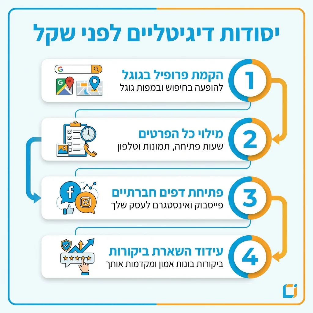 אינפוגרפיקה — יסודות דיגיטליים לפני שקל: הקמת פרופיל בגוגל, מילוי כל הפרטים, פתיחת דפים חברתיים, עידוד השארת ביקורות