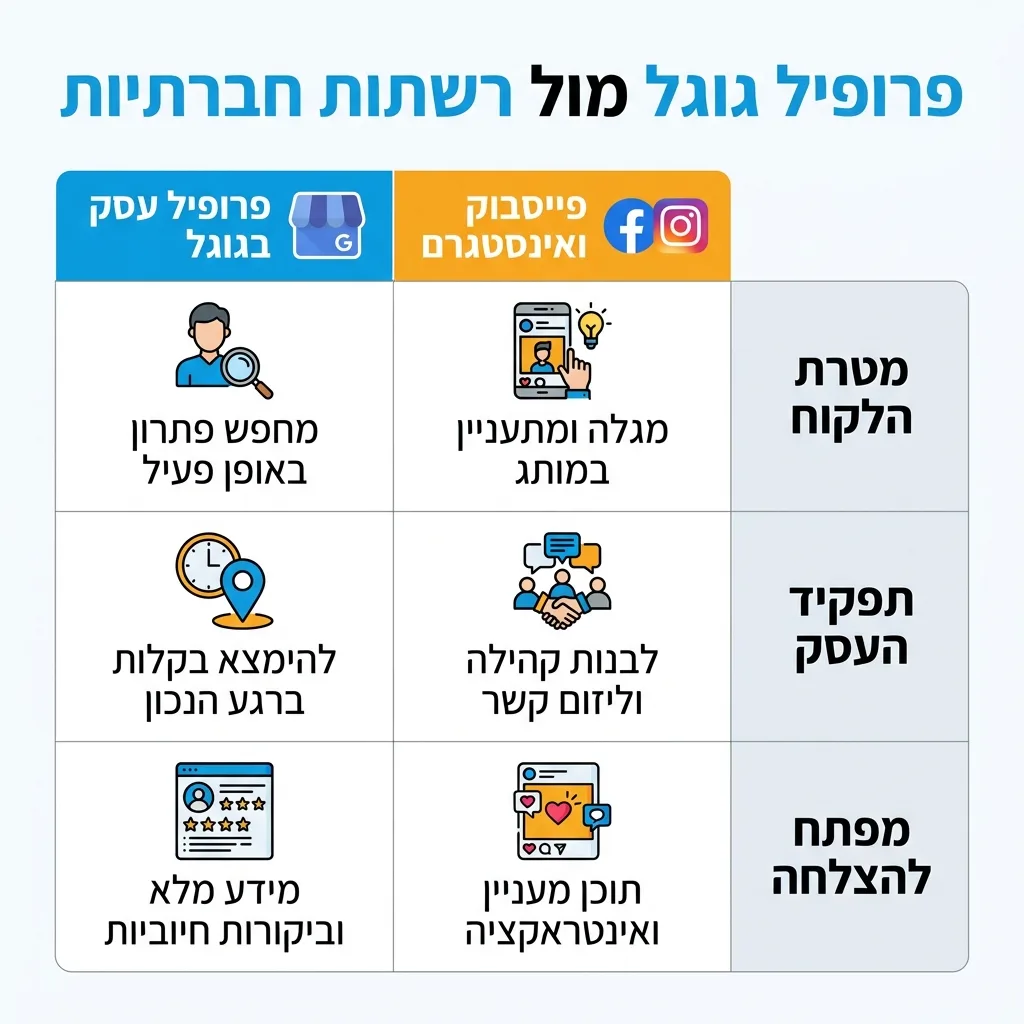 אינפוגרפיקה — פרופיל גוגל מול רשתות חברתיות: השוואה בין פרופיל עסק בגוגל, פייסבוק ואינסטגרם