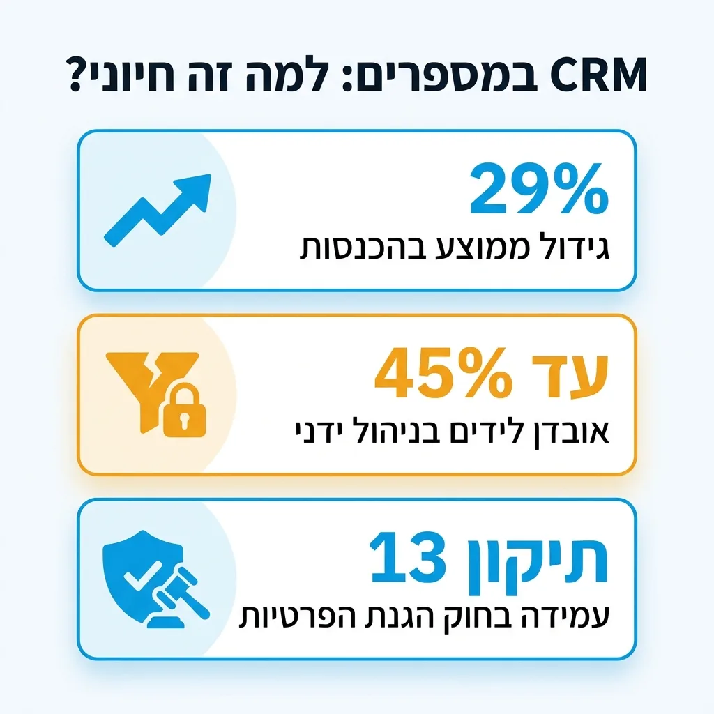 אינפוגרפיקה — CRM במספרים: למה זה חיוני?: גידול ממוצע בהכנסות, אובדן לידים בניהול ידני, עמידה בחוק הגנת הפרטיות