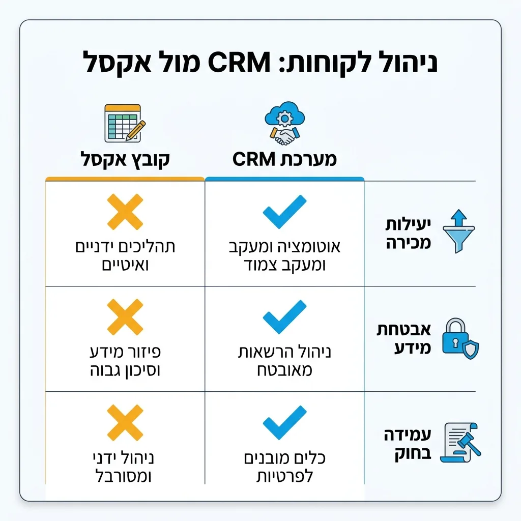 אינפוגרפיקה — ניהול לקוחות: CRM מול אקסל: השוואה בין מערכת CRM, קובץ אקסל