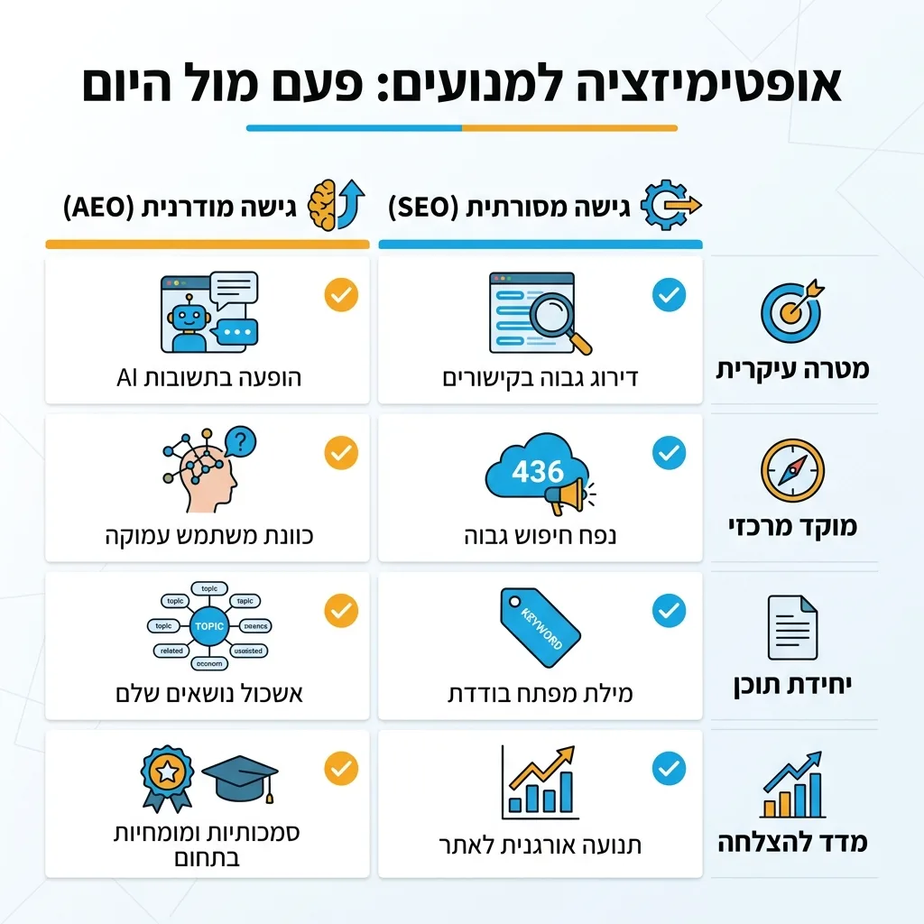 אינפוגרפיקה — אופטימיזציה למנועים: פעם מול היום: השוואה בין גישה מסורתית (SEO), גישה מודרנית (AEO)