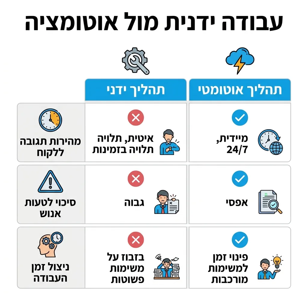 אינפוגרפיקה — עבודה ידנית מול אוטומציה: השוואה בין תהליך ידני, תהליך אוטומטי