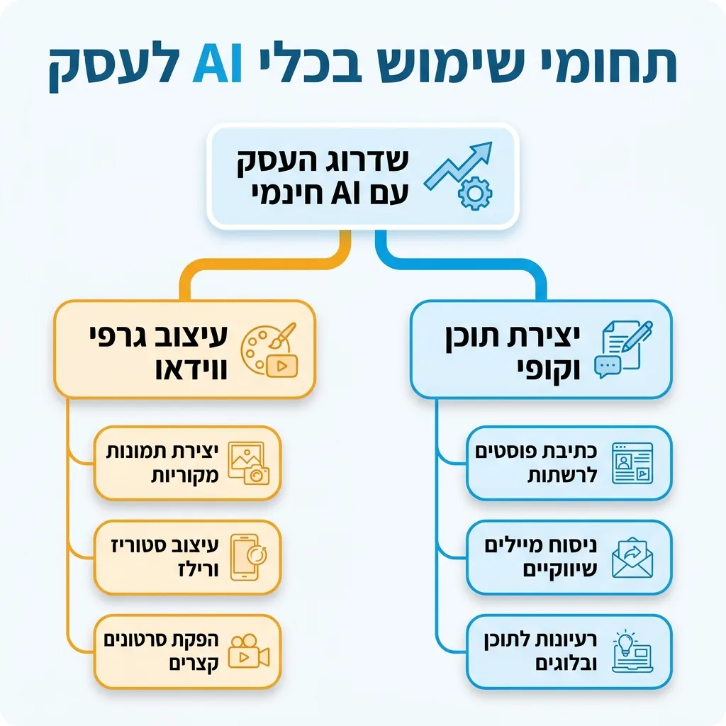 אינפוגרפיקה — תחומי שימוש בכלי AI לעסק: שדרוג העסק עם AI חינמי