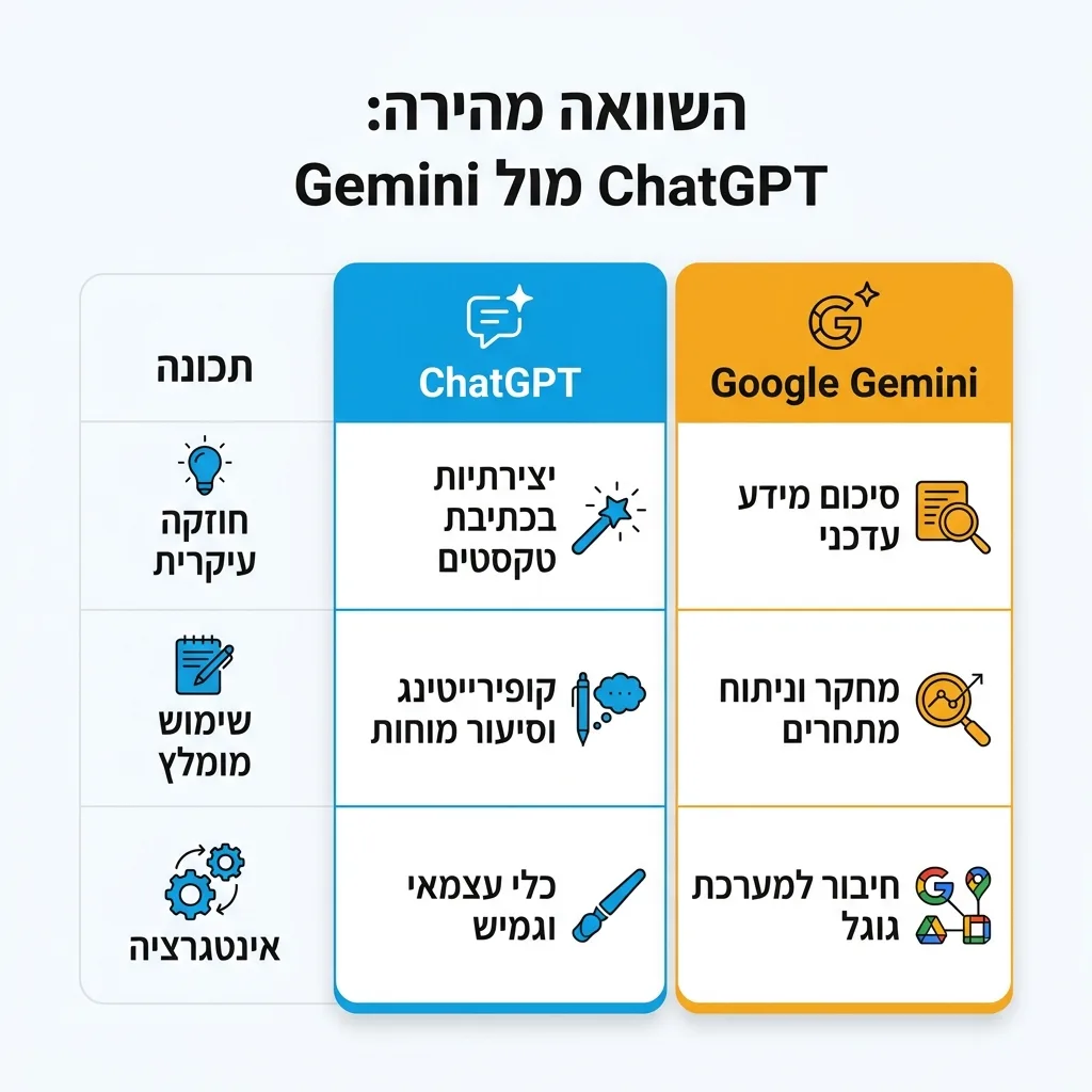 אינפוגרפיקה — השוואה מהירה: ChatGPT מול Gemini: השוואה בין ChatGPT, Google Gemini