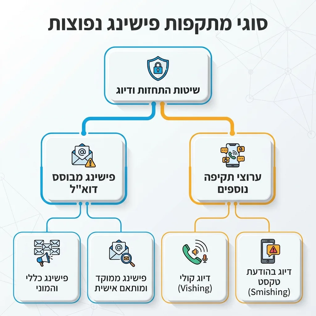 אינפוגרפיקה — סוגי מתקפות פישינג נפוצות: שיטות התחזות ודיוג