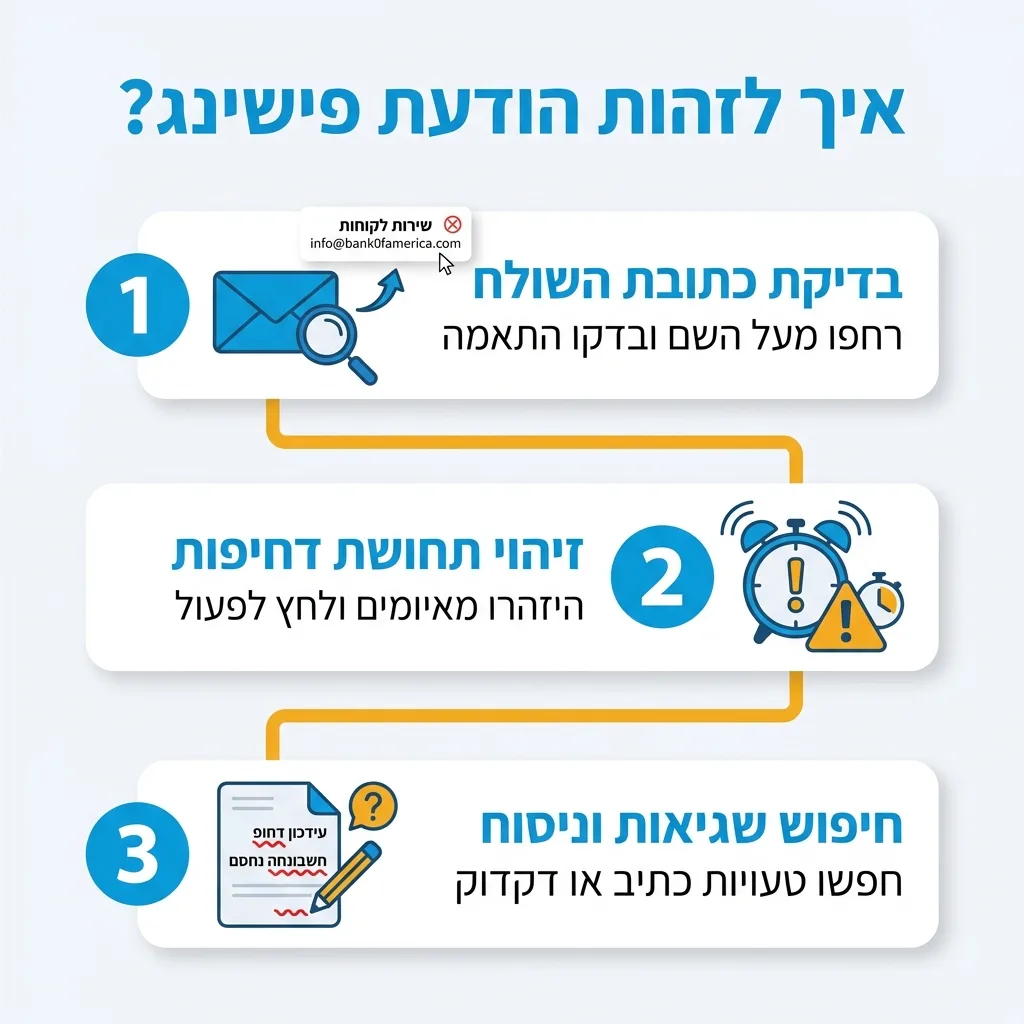 אינפוגרפיקה — איך לזהות הודעת פישינג?: בדיקת כתובת השולח, זיהוי תחושת דחיפות, חיפוש שגיאות וניסוח