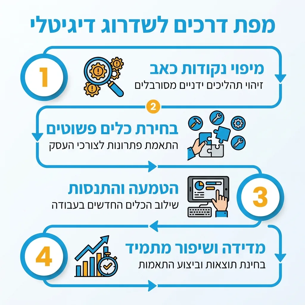 אינפוגרפיקה — מפת דרכים לשדרוג דיגיטלי: מיפוי נקודות כאב, בחירת כלים פשוטים, הטמעה והתנסות, מדידה ושיפור מתמיד