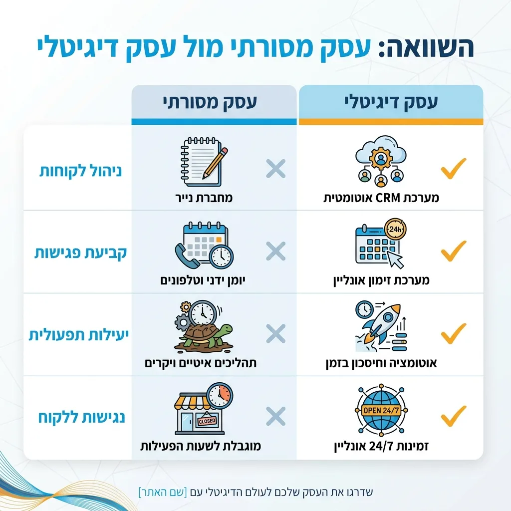 אינפוגרפיקה — השוואה: עסק מסורתי מול עסק דיגיטלי: השוואה בין עסק מסורתי, עסק דיגיטלי