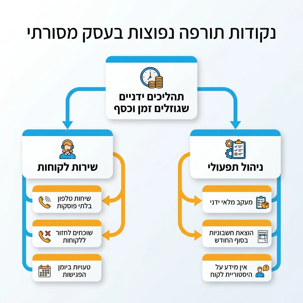 אינפוגרפיקה — נקודות תורפה נפוצות בעסק מסורתי: תהליכים ידניים שגוזלים זמן וכסף