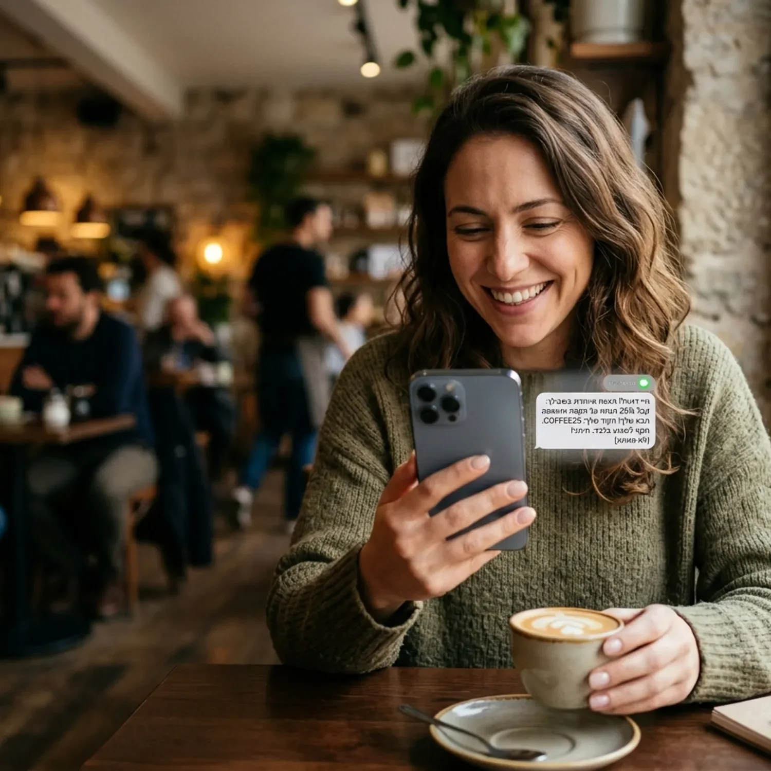 צילום תקריב של סמארטפון המציג הודעת SMS שיווקית מותאמת אישית עם שם הלקוח והצעה רלוונטית, מוחזק בידי לקוח מרוצה בבית קפה.