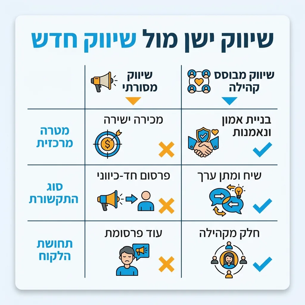 אינפוגרפיקה — שיווק ישן מול שיווק חדש: השוואה בין שיווק מסורתי, שיווק מבוסס קהילה