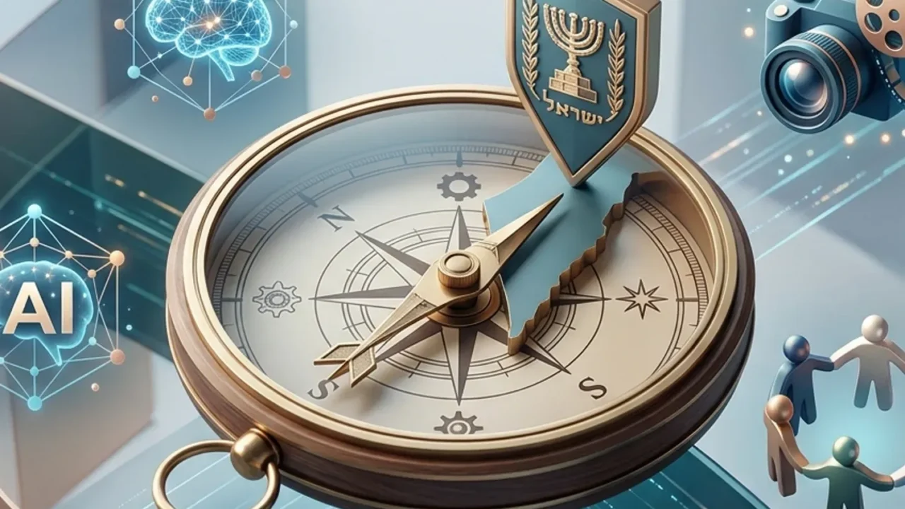 איור של מצפן המצביע על המילה 'ישראל', מוקף באייקונים של טרנדים שיווקיים (AI, וידאו, קהילה).