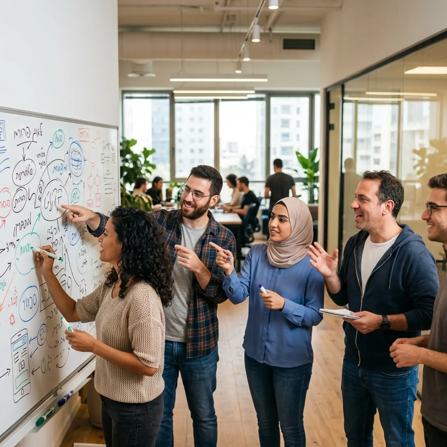 צילום ריאליסטי של צוות קטן ומגוון בסטארטאפ, עומד סביב לוח מחיק מכוסה ברעיונות ושרבוטים צבעוניים, באווירת סיעור מוחות אנרגטית במשרד מואר.