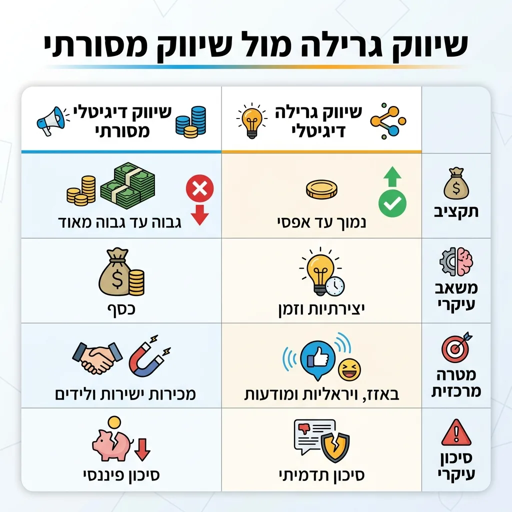 אינפוגרפיקה — שיווק גרילה מול שיווק מסורתי: השוואה בין שיווק דיגיטלי מסורתי, שיווק גרילה דיגיטלי