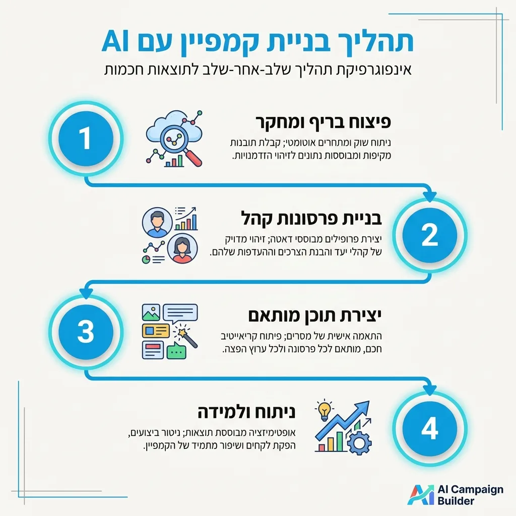 אינפוגרפיקה — תהליך בניית קמפיין עם AI: פיצוח בריף ומחקר, בניית פרסונות קהל, יצירת תוכן מותאם, ניתוח ולמידה