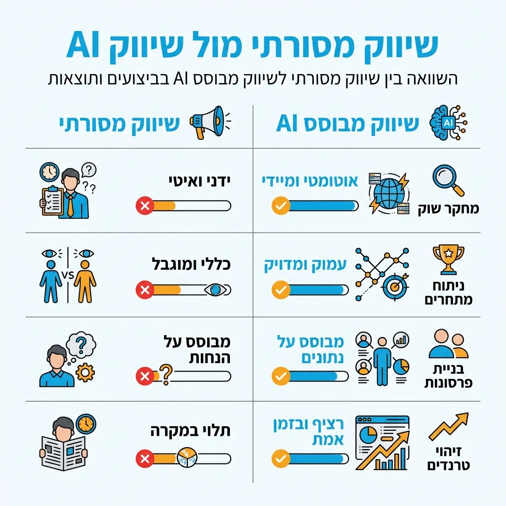 אינפוגרפיקה — שיווק מסורתי מול שיווק AI: השוואה בין שיווק מסורתי, שיווק מבוסס AI