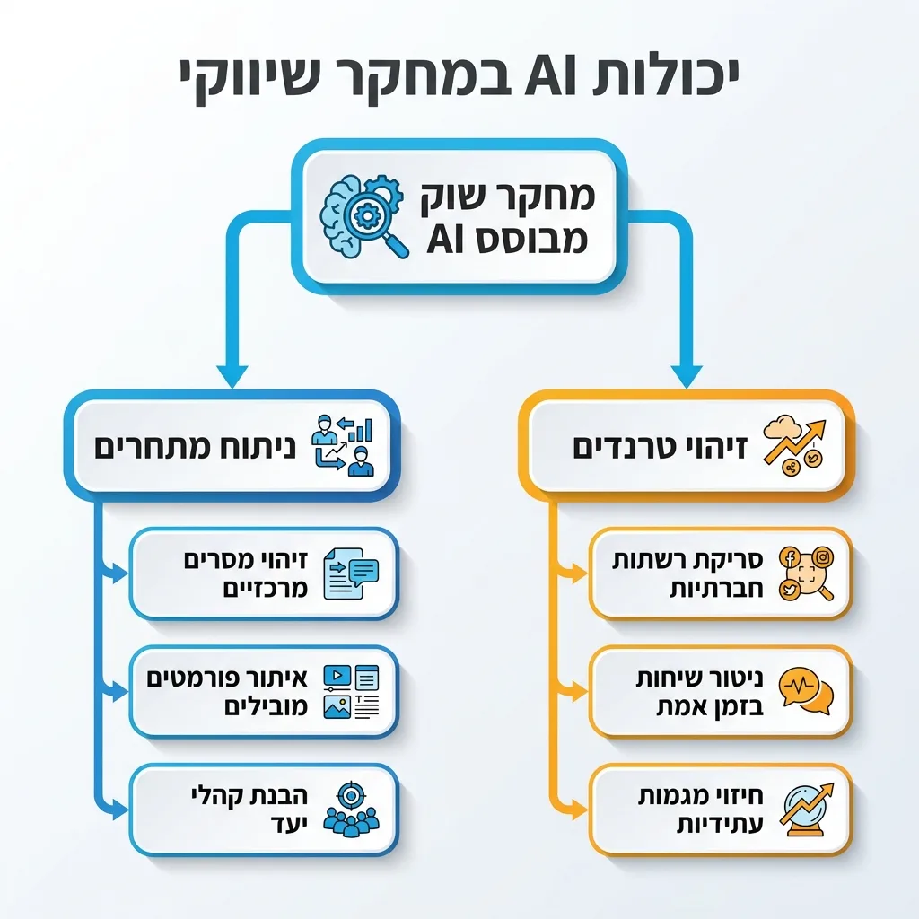 אינפוגרפיקה — יכולות AI במחקר שיווקי: מחקר שוק מבוסס AI