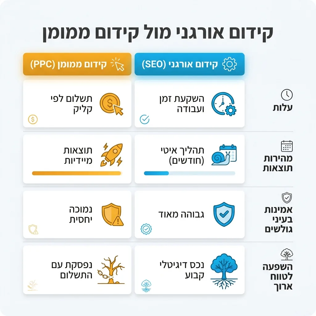 אינפוגרפיקה — קידום אורגני מול קידום ממומן: השוואה בין קידום אורגני (SEO), קידום ממומן (PPC)