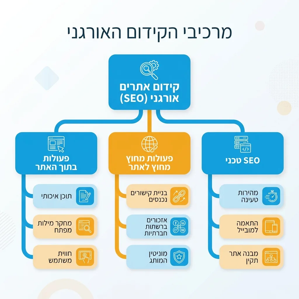 אינפוגרפיקה — מרכיבי הקידום האורגני: קידום אתרים אורגני (SEO)