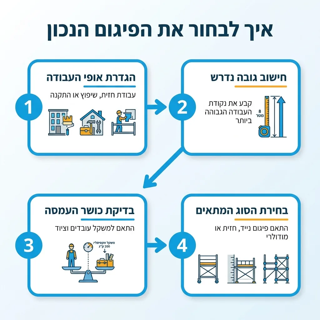 אינפוגרפיקה — איך לבחור את הפיגום הנכון: הגדרת אופי העבודה, חישוב גובה נדרש, בדיקת כושר העמסה, בחירת הסוג המתאים