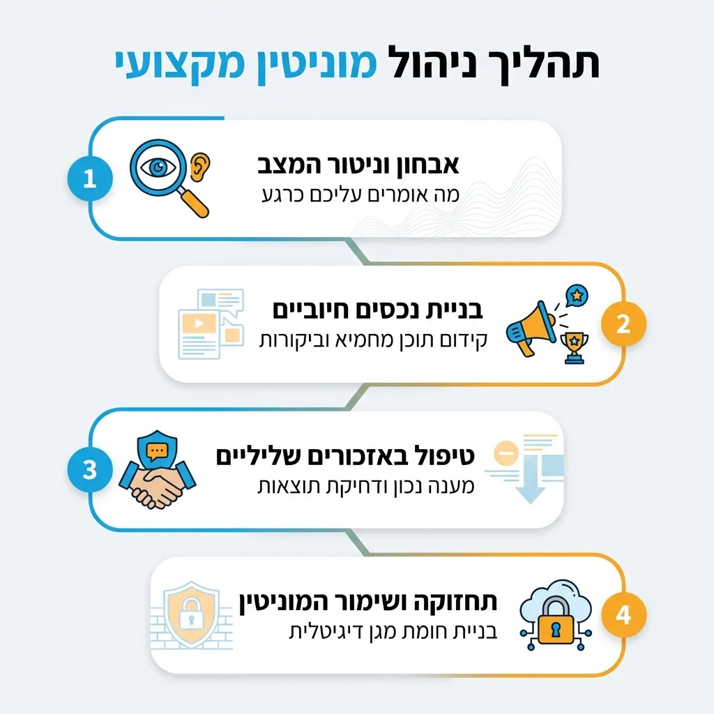 אינפוגרפיקה — תהליך ניהול מוניטין מקצועי: אבחון וניטור המצב, בניית נכסים חיוביים, טיפול באזכורים שליליים, תחזוקה ושימור המוני