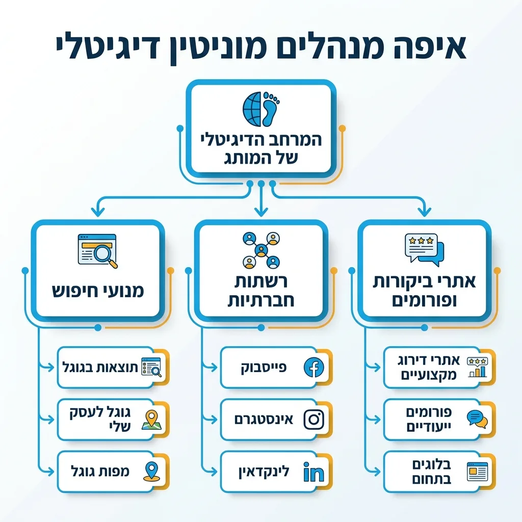 אינפוגרפיקה — איפה מנהלים מוניטין דיגיטלי: המרחב הדיגיטלי של המותג