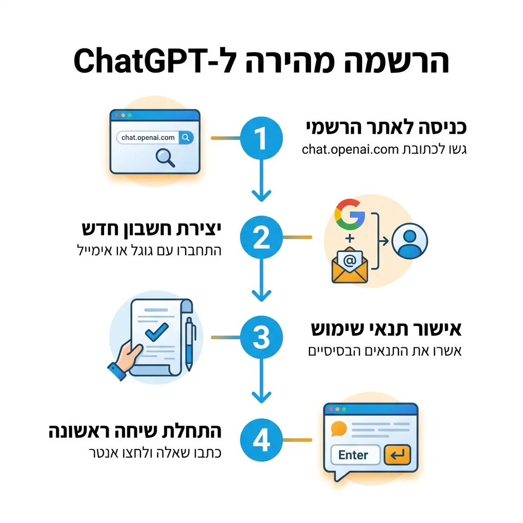 אינפוגרפיקה — הרשמה מהירה ל-ChatGPT: כניסה לאתר הרשמי, יצירת חשבון חדש, אישור תנאי שימוש, התחלת שיחה ראשונה
