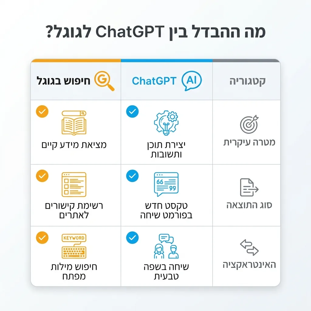 אינפוגרפיקה — מה ההבדל בין ChatGPT לגוגל?: השוואה בין ChatGPT, חיפוש בגוגל