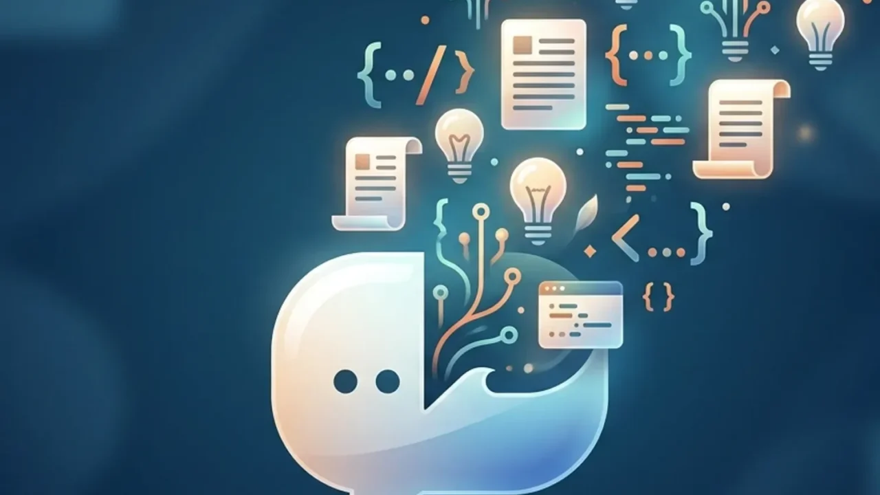 איור של בועת צ'אט עם לוגו של OpenAI, וממנה יוצאים אייקונים המייצגים רעיונות, טקסטים וקוד.