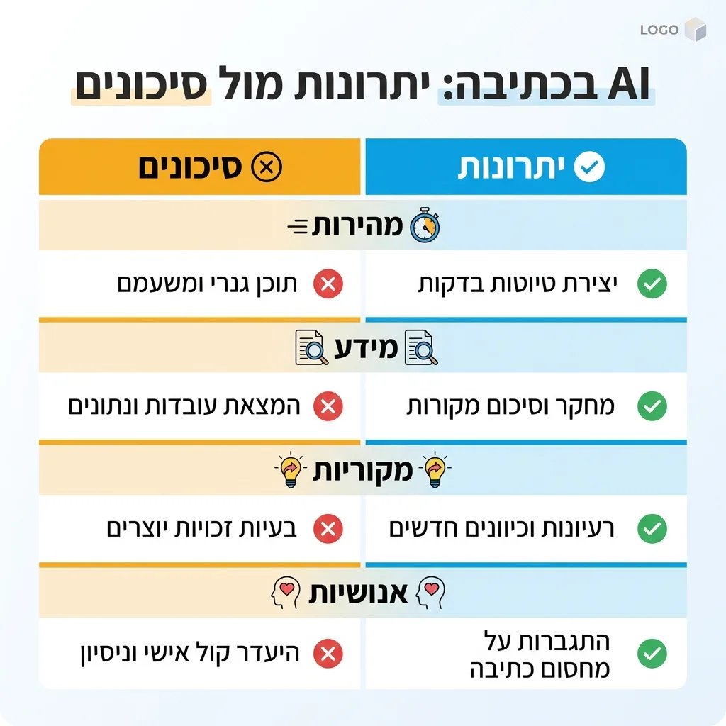 אינפוגרפיקה — AI בכתיבה: יתרונות מול סיכונים: השוואה בין יתרונות, סיכונים