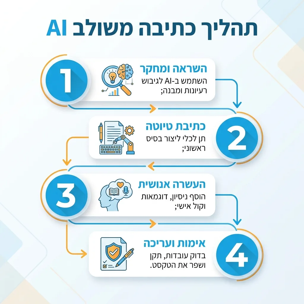 אינפוגרפיקה — תהליך כתיבה משולב AI: השראה ומחקר, כתיבת טיוטה, העשרה אנושית, אימות ועריכה