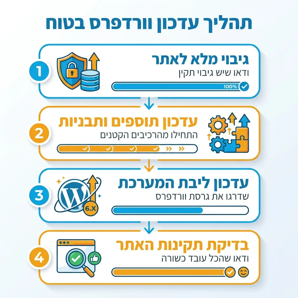 אינפוגרפיקה — תהליך עדכון וורדפרס בטוח: גיבוי מלא לאתר, עדכון תוספים ותבניות, עדכון ליבת המערכת, בדיקת תקינות האתר
