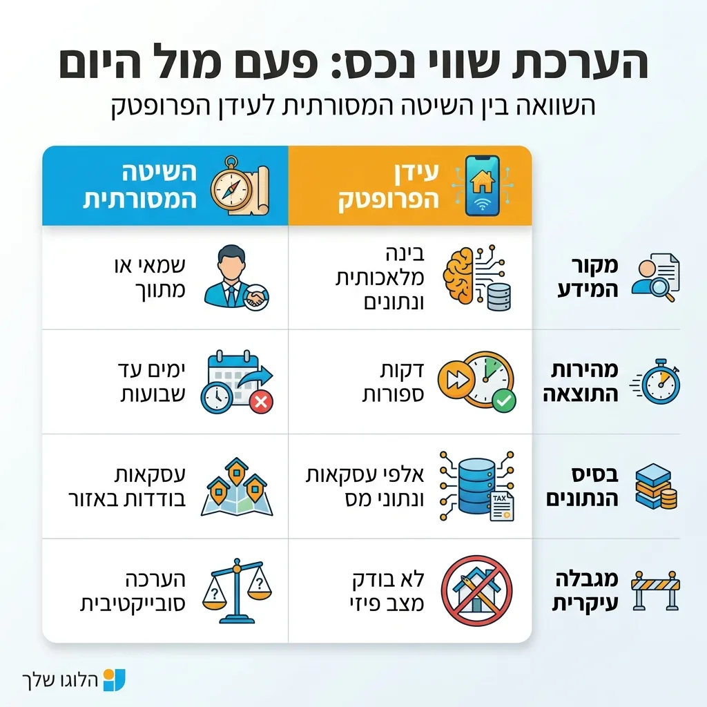 אינפוגרפיקה — הערכת שווי נכס: פעם מול היום: השוואה בין השיטה המסורתית, עידן הפרופטק