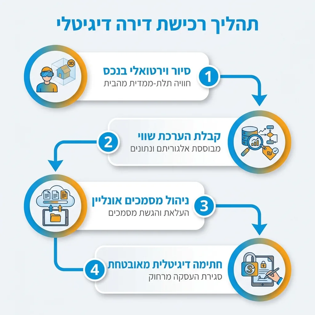 אינפוגרפיקה — תהליך רכישת דירה דיגיטלי: סיור וירטואלי בנכס, קבלת הערכת שווי, ניהול מסמכים אונליין, חתימה דיגיטלית מאובטחת