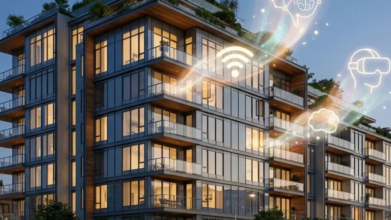 איור של בניין דירות עם אייקונים טכנולוגיים (WiFi, AI, VR) שיוצאים מהחלונות שלו.