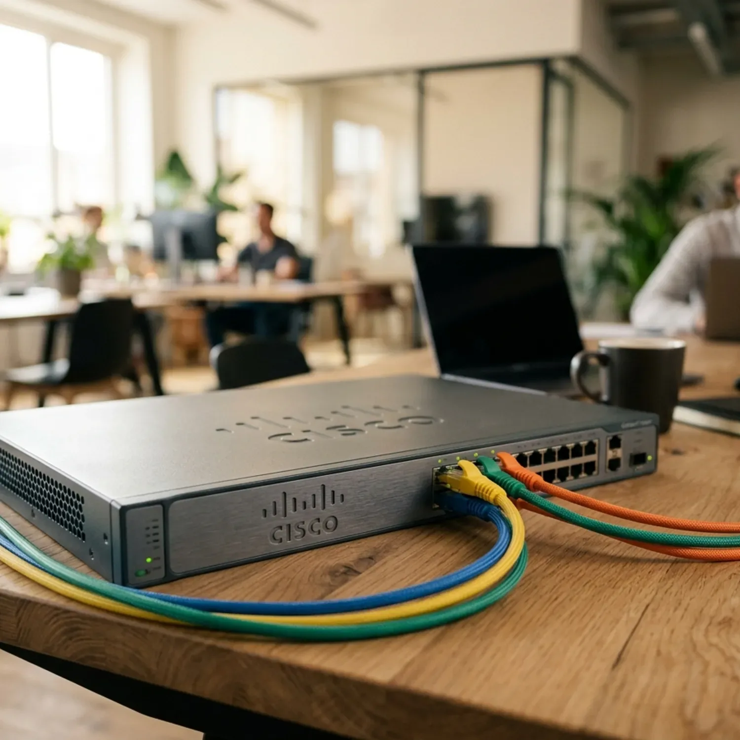 צילום תקריב של נתב Cisco מונח על שולחן עבודה במשרד מודרני, עם כבלי רשת צבעוניים מחוברים אליו, תאורה רכה ופוקוס על הלוגו של Cisco.