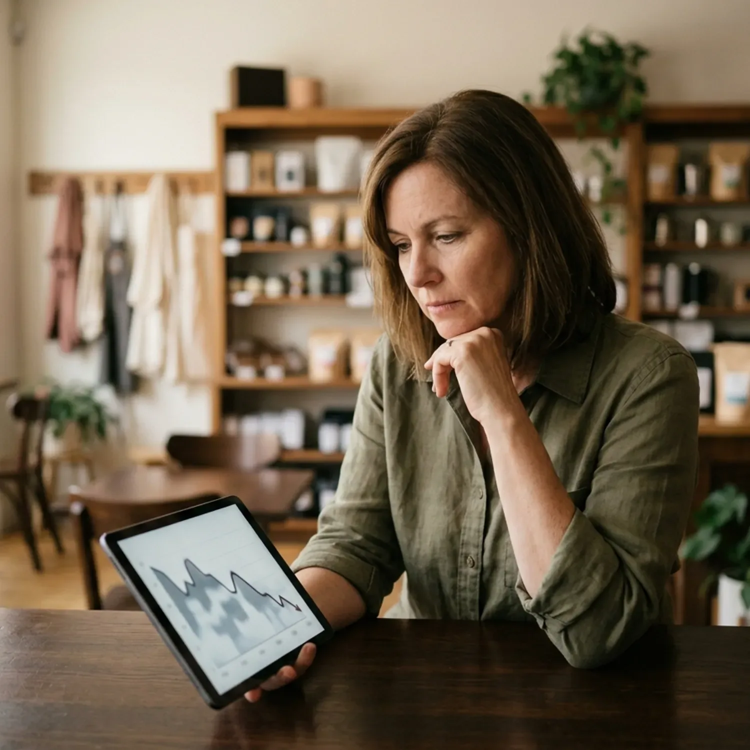 A realistic photo of a small business owner looking thoughtfully at a tablet screen displaying a graph with a downward trend, representing the decline in traditional search traffic. The shop's interior is visible in the background, lit by natural light.