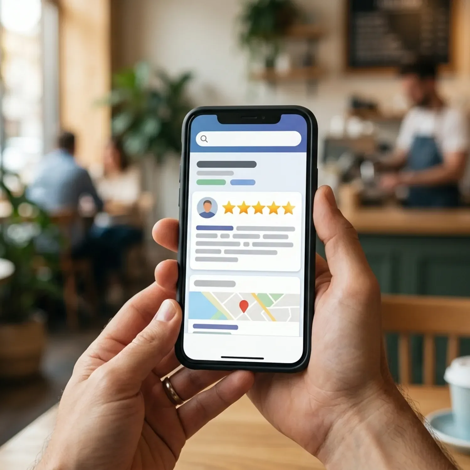 Close-up shot of a smartphone screen showing a positive customer review on a local business listing. The background is slightly blurred, showing a cozy cafe environment.