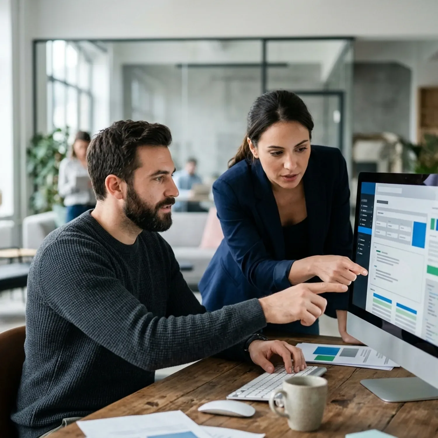 Photo of a web developer and a marketing manager collaborating in a modern office, pointing at a computer screen showing a website's backend structure with highlighted data fields. The mood is focused and professional.