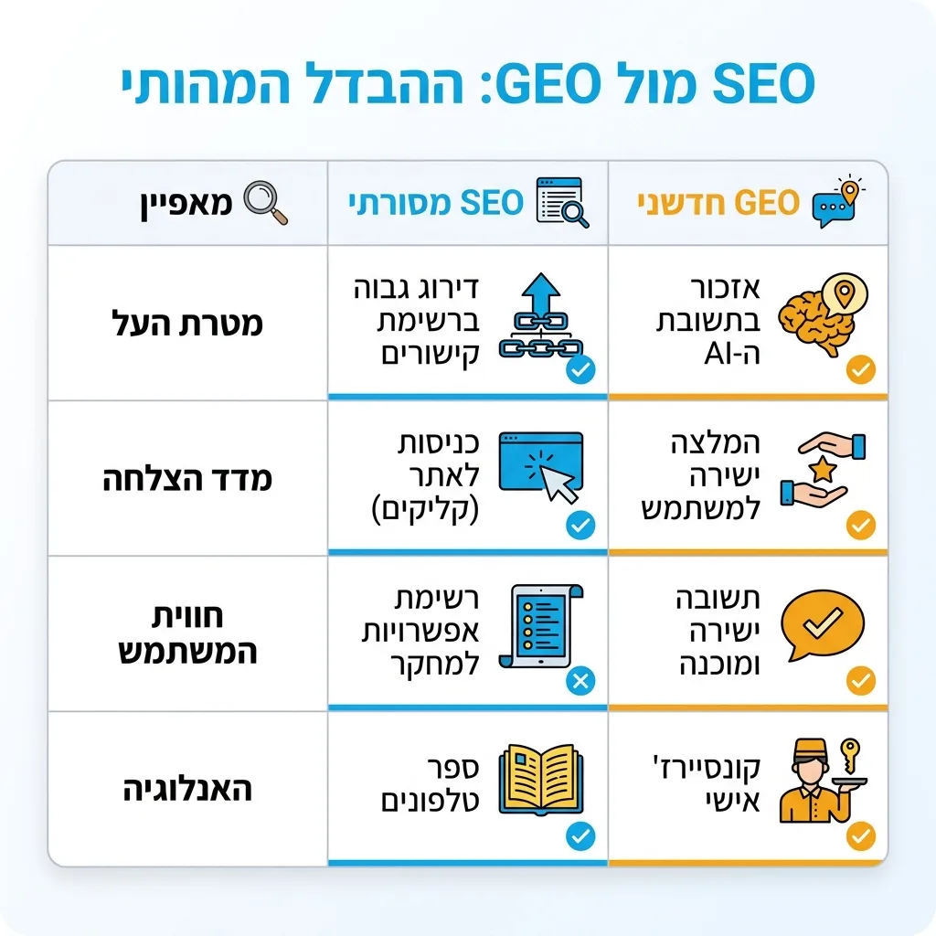 אינפוגרפיקה — SEO מול GEO: ההבדל המהותי: השוואה בין SEO מסורתי, GEO חדשני