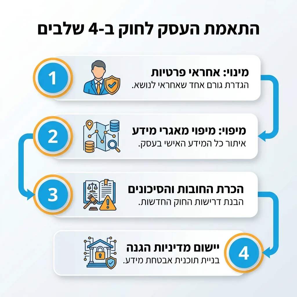 אינפוגרפיקה — התאמת העסק לחוק ב-4 שלבים: מינוי אחראי פרטיות, מיפוי מאגרי מידע, הכרת החובות והסיכונים, יישום מדיניות הגנה