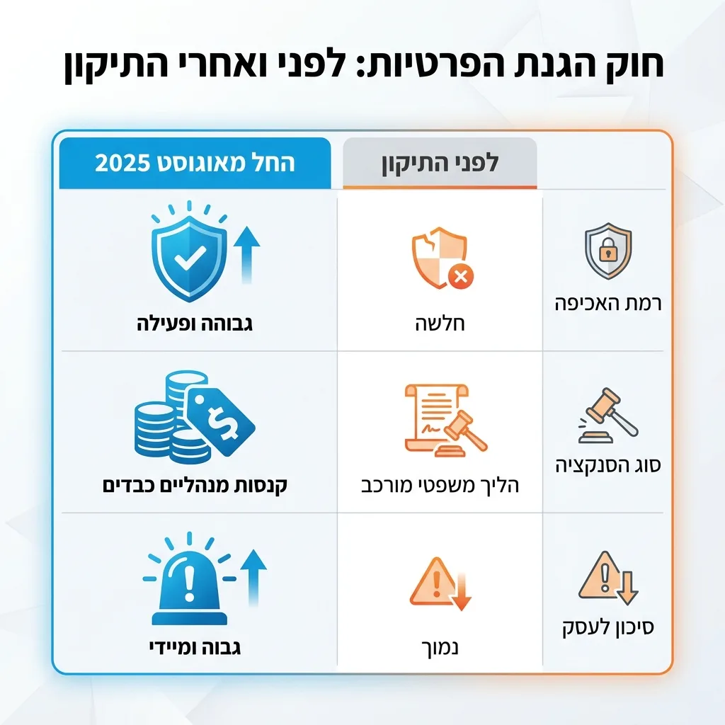 אינפוגרפיקה — חוק הגנת הפרטיות: לפני ואחרי התיקון: השוואה בין המצב לפני התיקון, החל מאוגוסט 2025