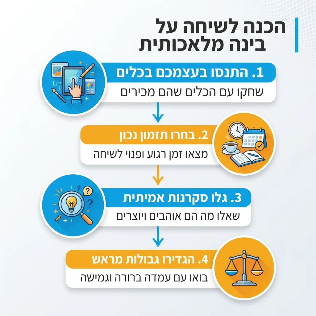 אינפוגרפיקה — הכנה לשיחה על בינה מלאכותית: התנסו בעצמכם בכלים, בחרו תזמון נכון, גלו סקרנות אמיתית, הגדירו גבולות מראש