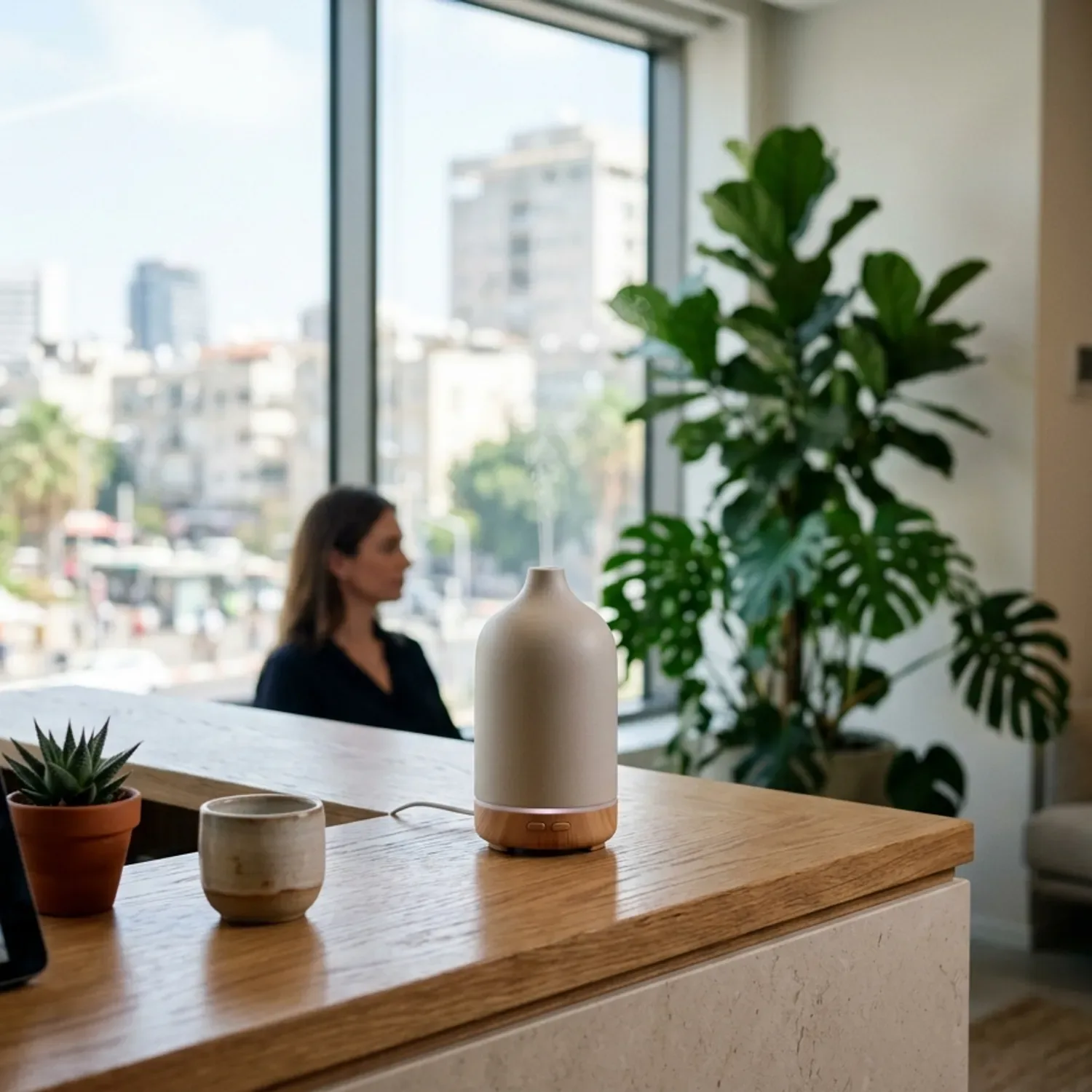 צילום ריאליסטי של מפיץ ריח חשמלי מעוצב על דלפק קבלה במשרד מודרני, אור טבעי חודר מהחלון, עציץ ירוק ברקע, פוקוס על המכשיר.