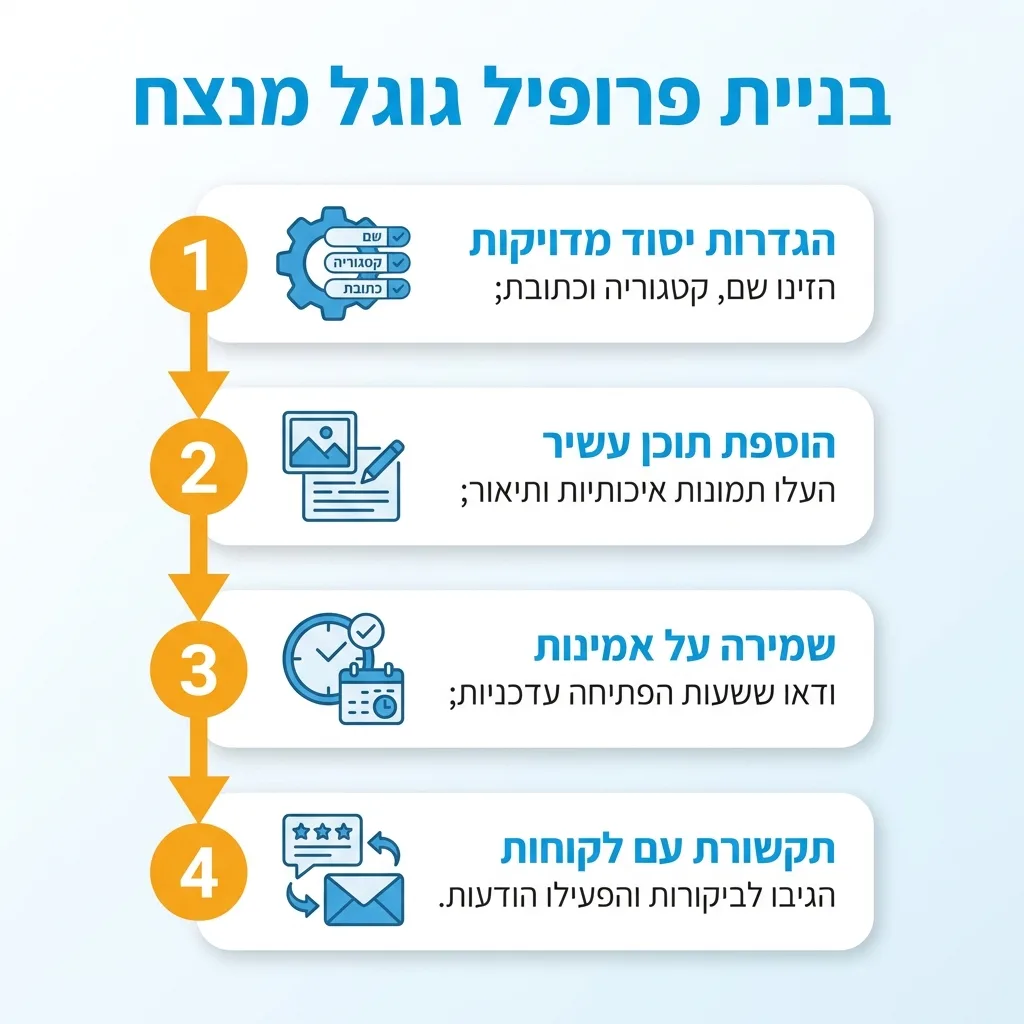 אינפוגרפיקה — בניית פרופיל גוגל מנצח: הגדרות יסוד מדויקות, הוספת תוכן עשיר, שמירה על אמינות, תקשורת עם לקוחות