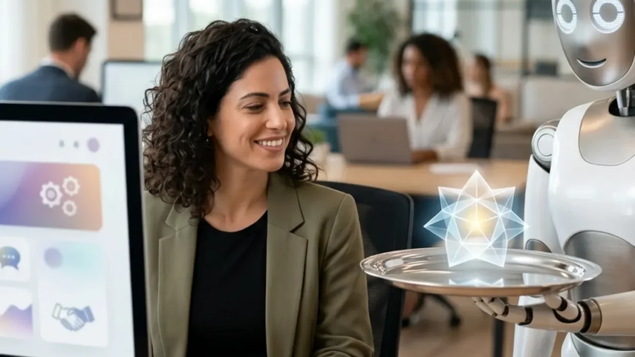 איור של לקוח מחייך מול מסך, כאשר בצד השני רובוט ידידותי מגיש לו פתרון על מגש כסף.
