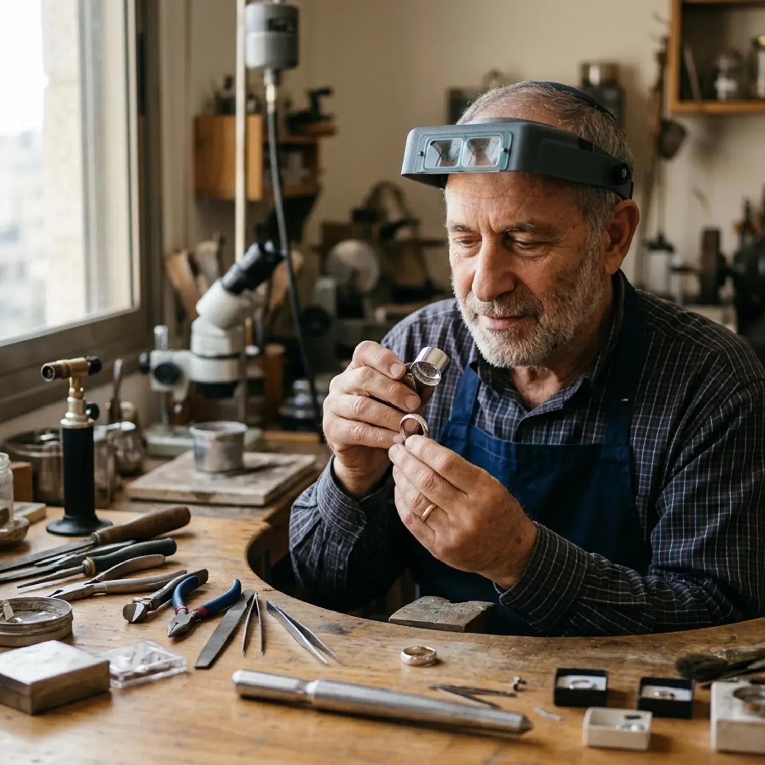 צורף בעבודתו, בוחן טבעת נישואין חלקה מזהב לבן בסדנה מוארת היטב. כלי צורפות מונחים על שולחן העבודה ברקע.