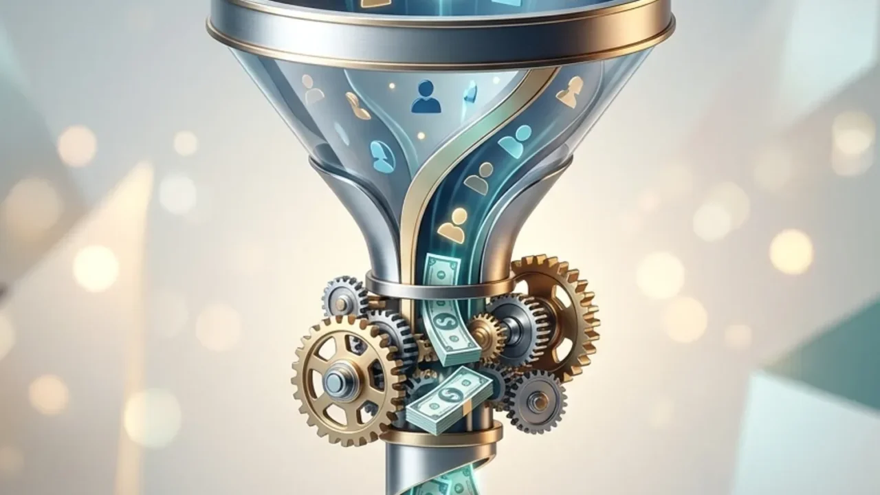 איור של משפך (Funnel) גדול שבתוכו נעים אייקונים של לקוחות, ובתחתיתו גלגלי שיניים (אוטומציה) שמוציאים שטרות כסף.