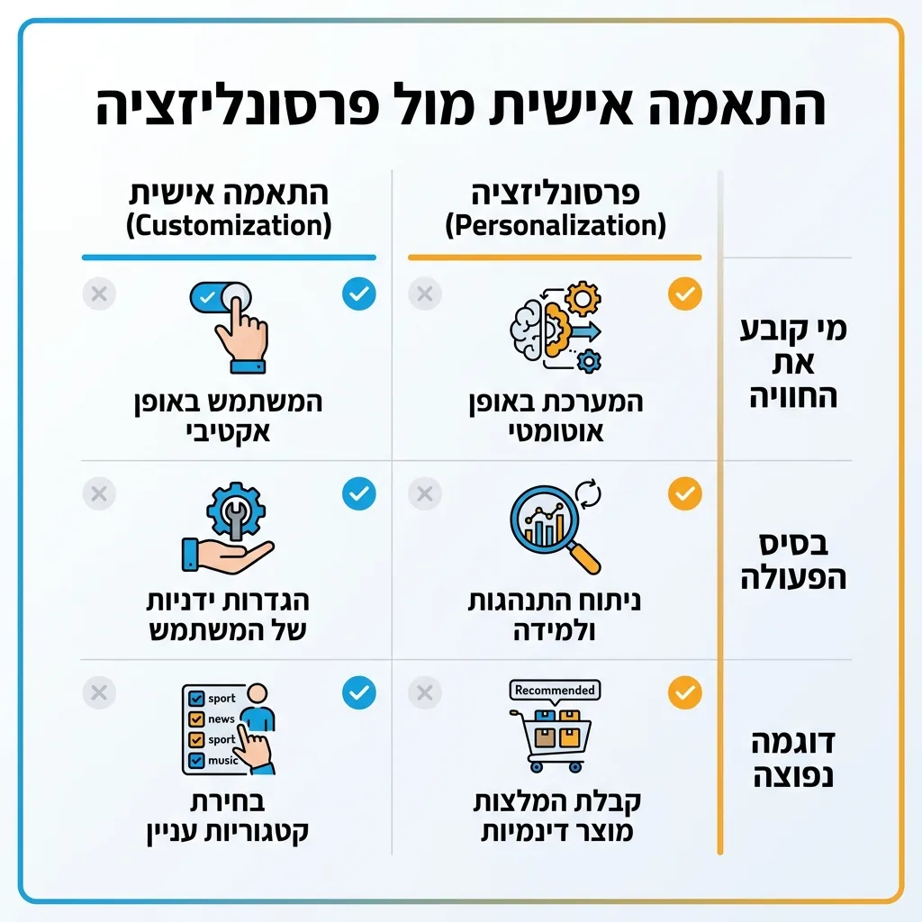 אינפוגרפיקה — התאמה אישית מול פרסונליזציה: השוואה בין התאמה אישית (Customization), פרסונליזציה (Personalization)
